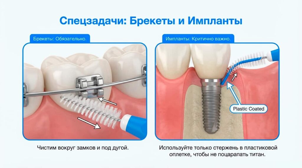 Как правильно чистить межзубным ёршиком при брекетах и ухаживать при имплантах?