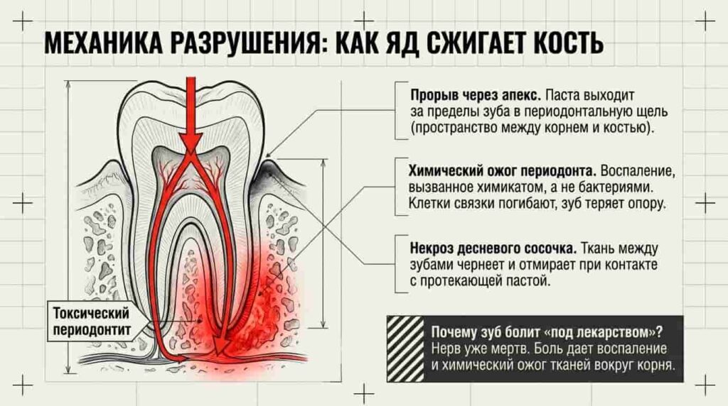 Прорыв через апекс и химический ожог периодонта