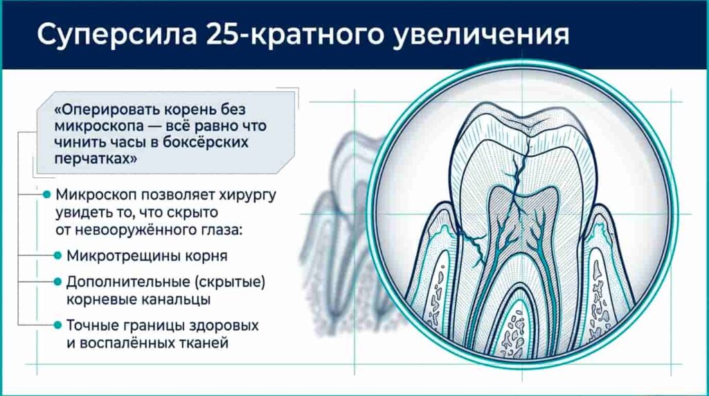 Микроскоп позволяет хирургу-стоматологу увидеть в 25 кратном увеличении корень зуба