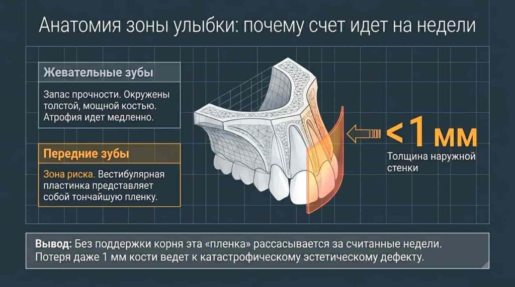 Жевательные и передние зубы - потеря 1 мм кости вдет к дефекту.