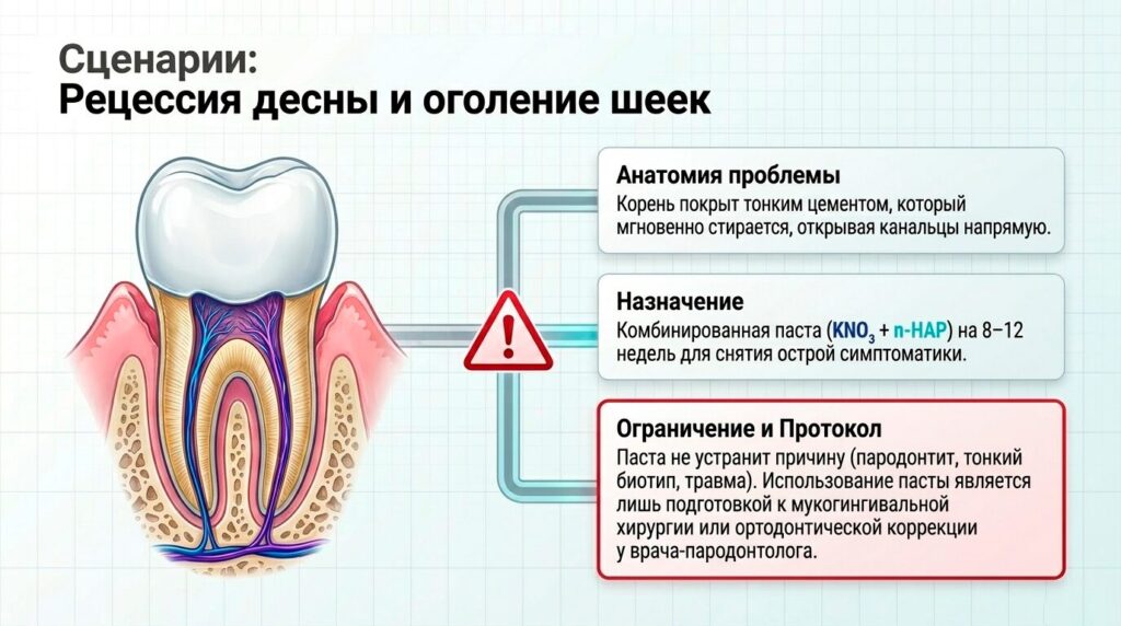 Рецессия десны и оголение шеек зубов - комбинированная паста (KNO3 + n-НAP) на 8-12
недель для снятия острой симптоматики.