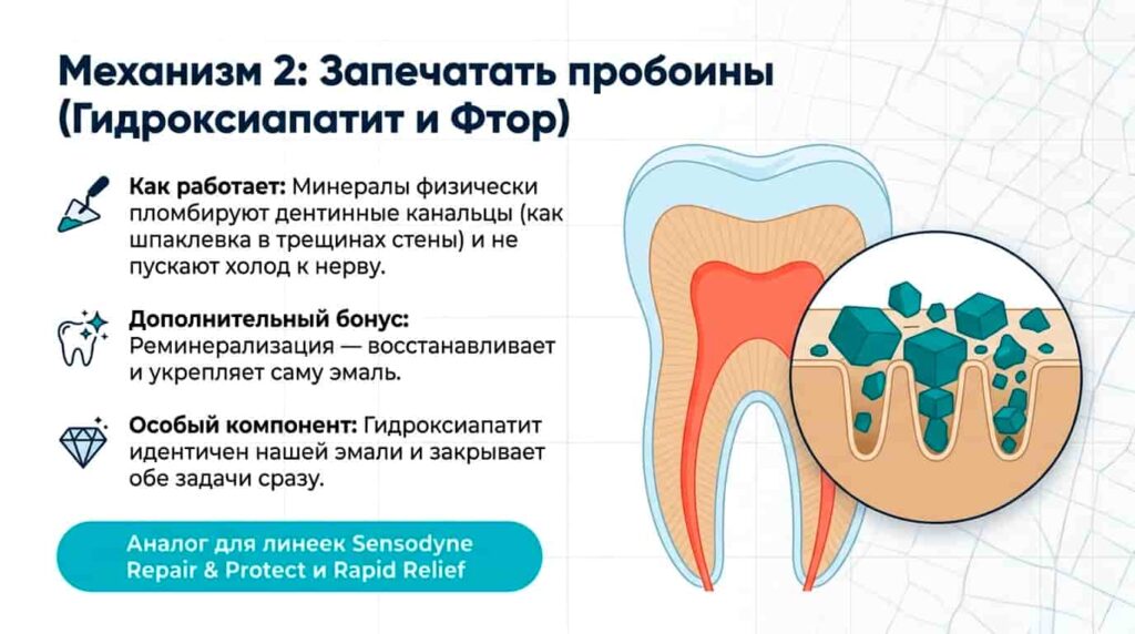 Запечатать пробоины Гидроксиапатит и Фтор. Минералы физически
пломбируют дентинные канальцы и не
пускают холод к нерву.