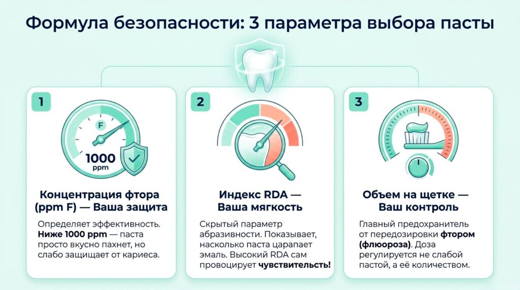3 параметра выбора детской зубной пасты - 1000
ppm, индекс RDA, регулировка доза