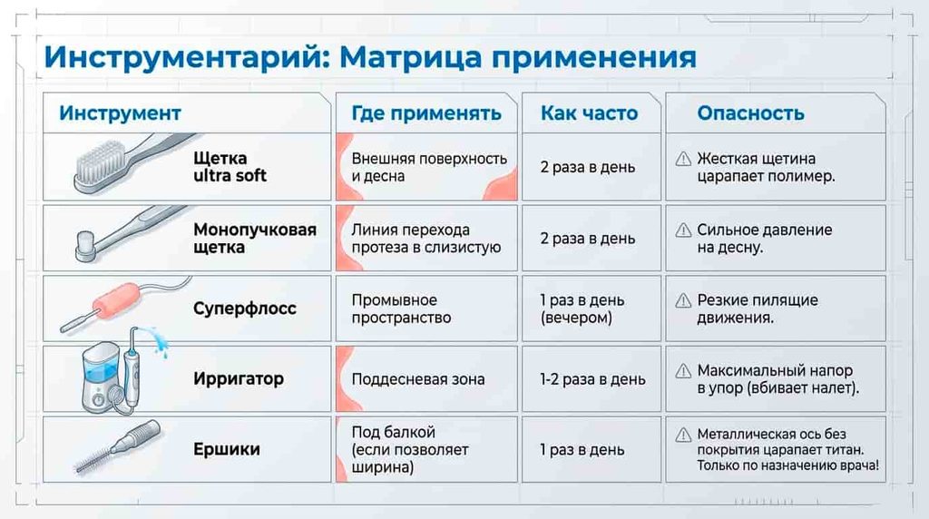 Где применять Щётку ultra soft, монопучковую щётку, суперфлосс, ирригатор, Ершик
